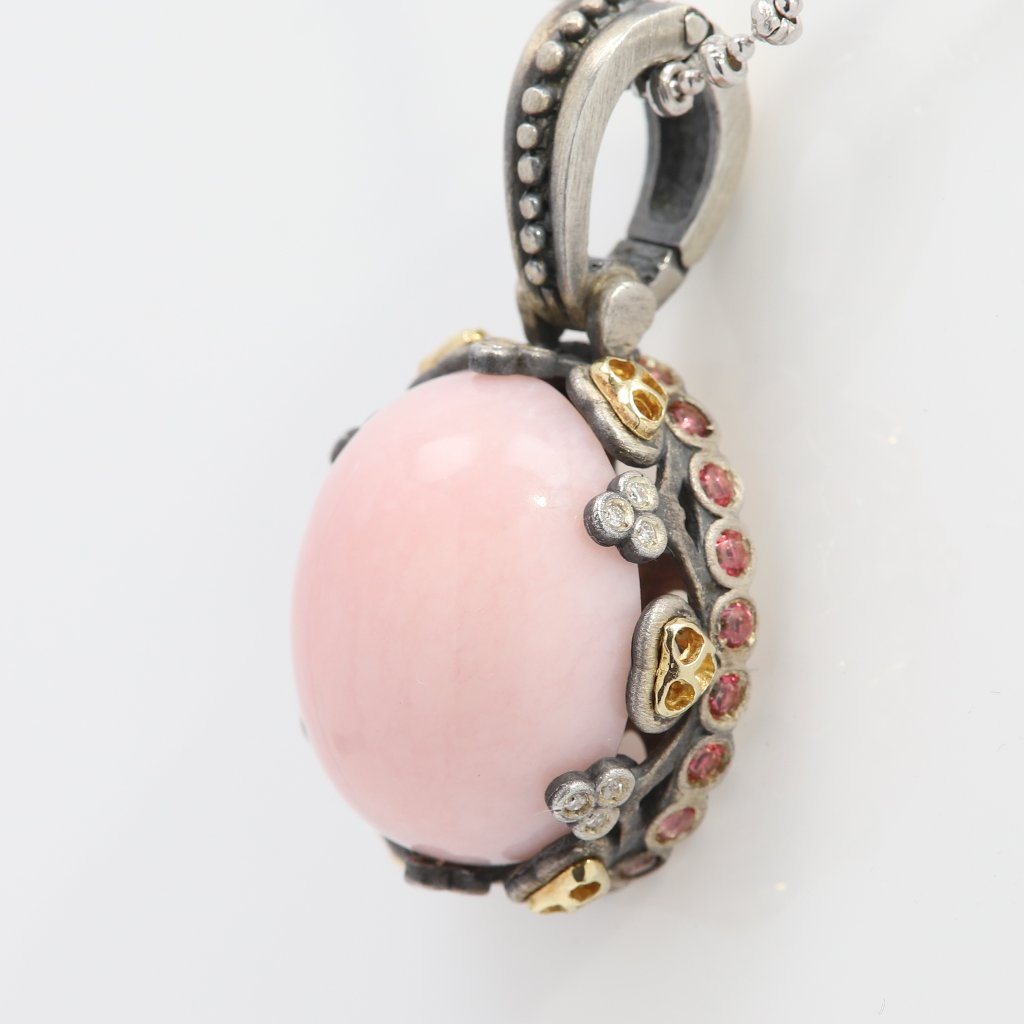 Vintage Pink Opal Pendant In Sterling Silver And 18k Gold With Natural Tourmalin
